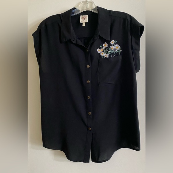 Self Esteem Tops - Self Esteem Black Button-Down Top with Daisy Embroidery